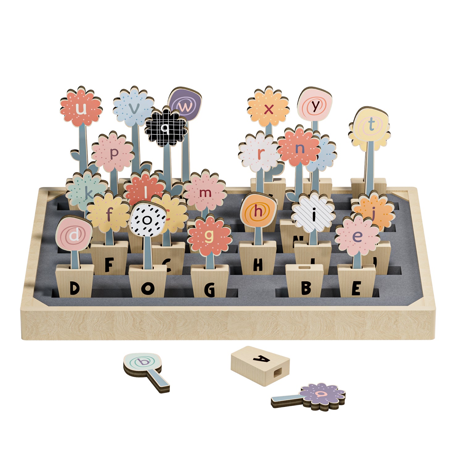 Kreative Kinder gestalten mit den Blumen ihren eigenen Garten. Das Stecken fördert neben Feinmotorik und Hand-Augen-Koordination auch das Verständnis für Buchstaben.