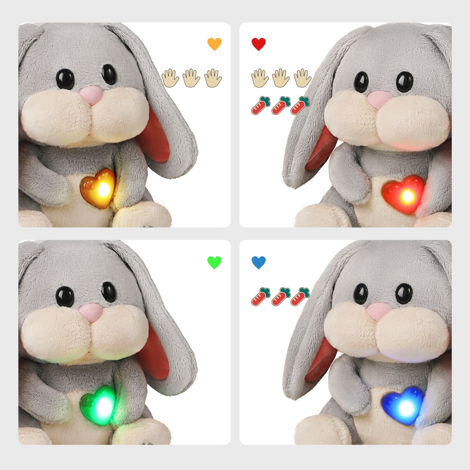 MUMMY BUNNY zeigt ihre Gefühle durch ein leuchtendes Herz in verschiedenen Farben – jede Farbe steht für einen anderen Gemütszustand: ob hungrig, einsam oder wütend.