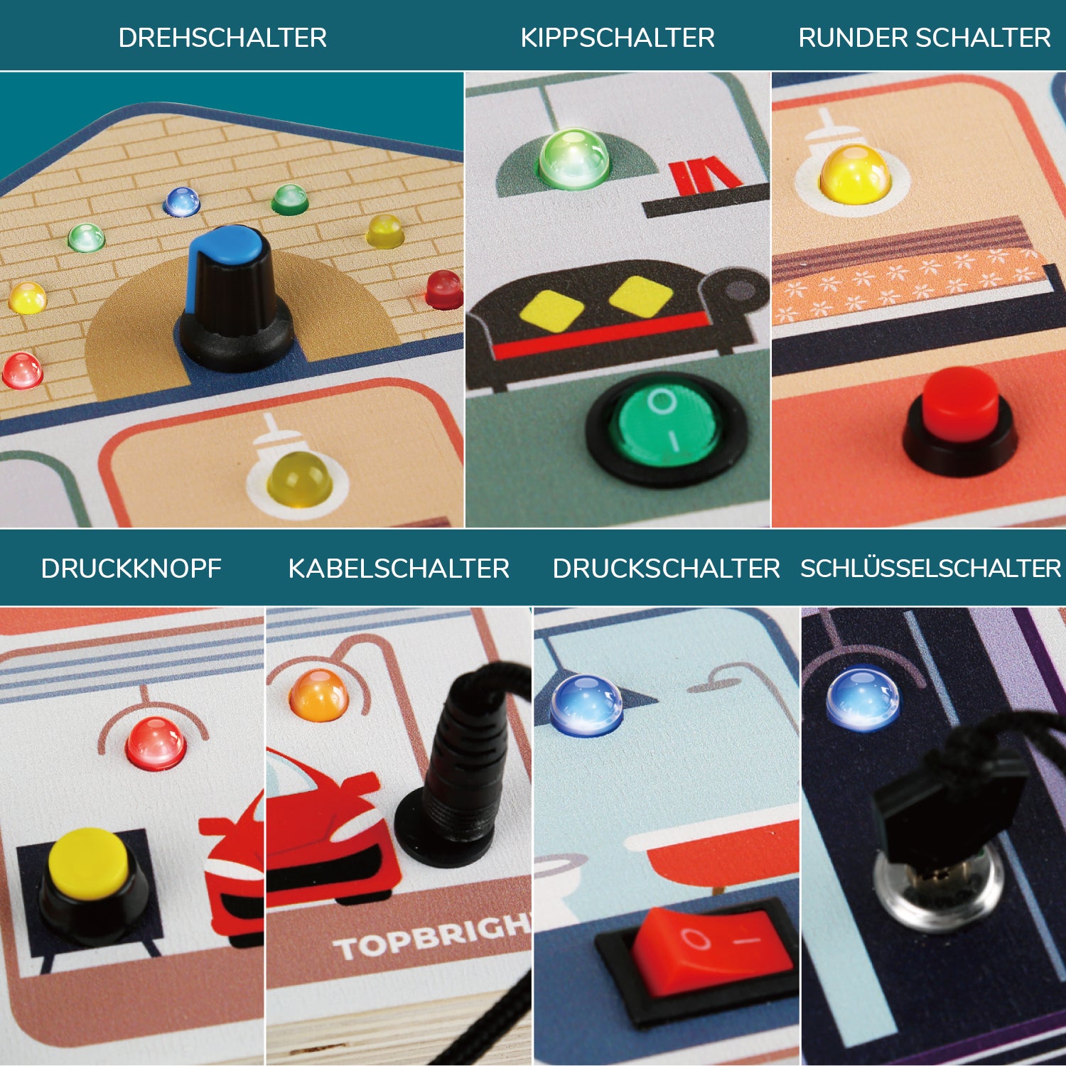 Wippschalter, Druckknopf, Drehschalter, Druckschalter, Schlüsselschalter, Kabelschalter – mit dem Board lernen Kinder alle Arten von Schaltern kennen und verstehen.