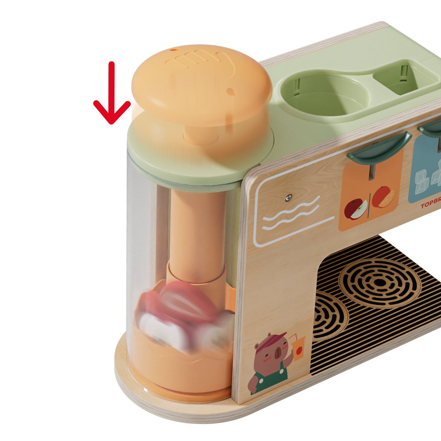 Der mechanische Smoothiemixer bringt zusätzlich Bewegung ins Spiel: Durch Drehen der Spirale werden die Fruchtstücke scheinbar echt verarbeitet.