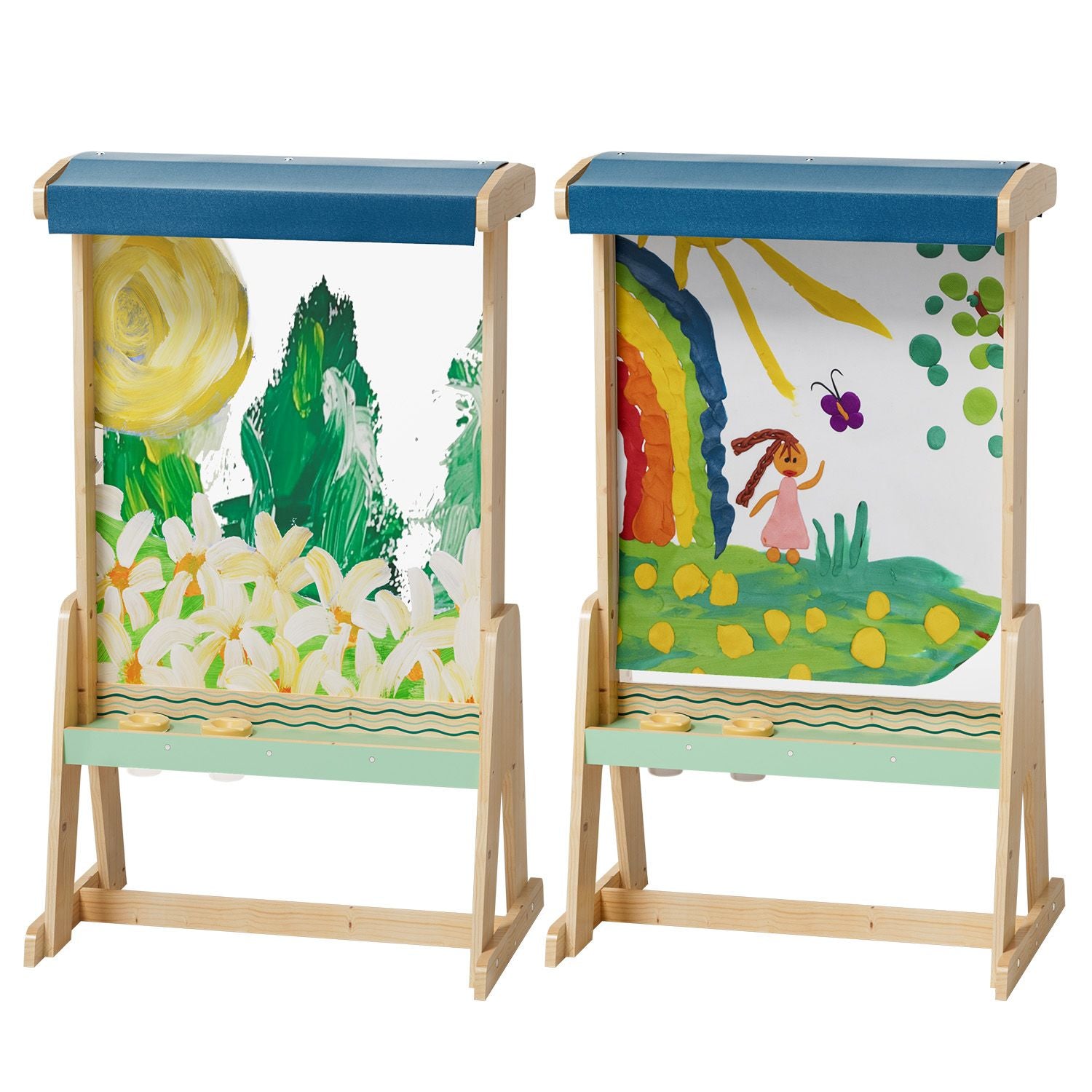 Ob auf der beidseitig bemalbaren Acrylglasscheibe oder der integrierten Papierrolle – Kinder werden mit Stiften oder Pinseln kreativ und trainieren spielerisch ihre grafomotorischen Fähigkeiten.