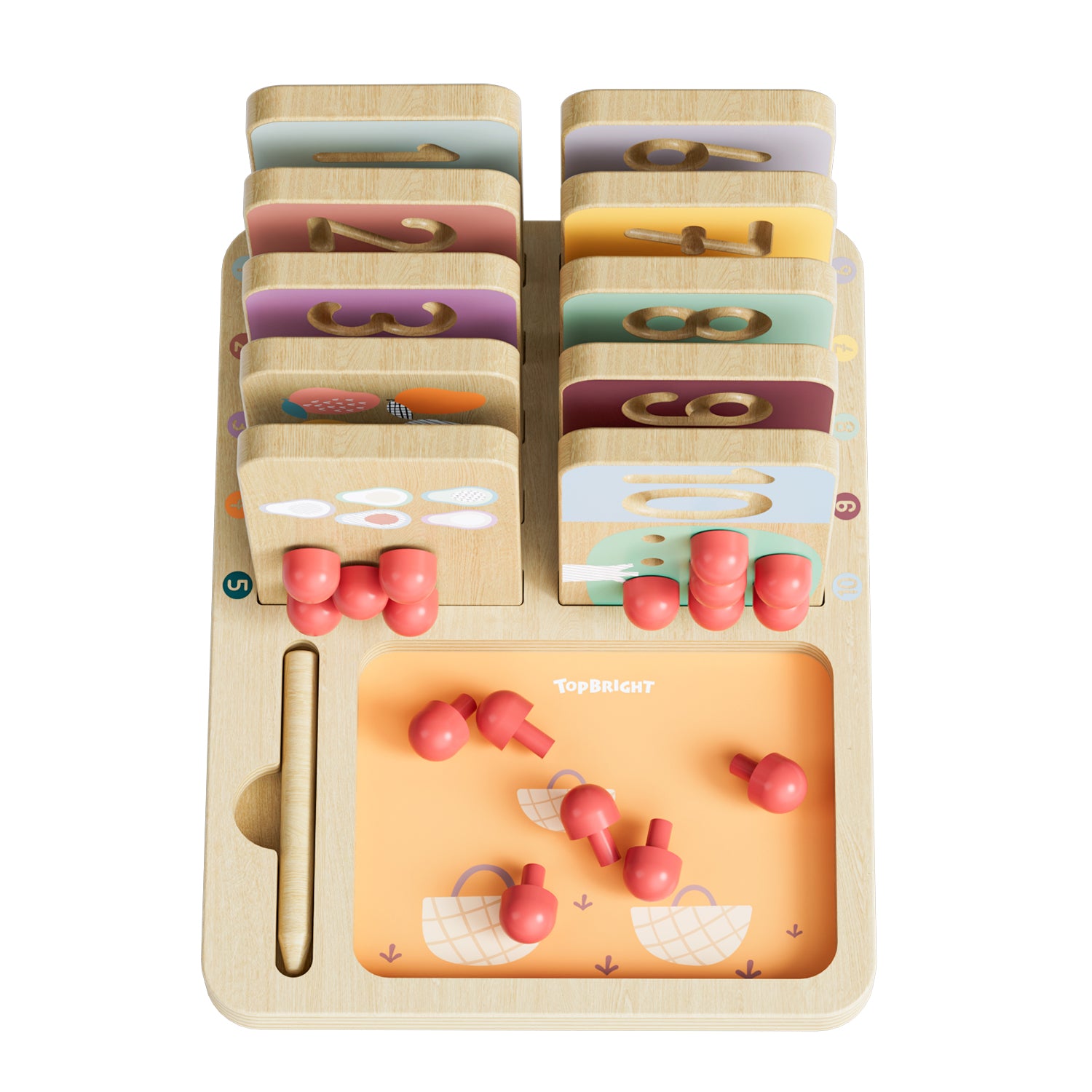 Die Holztafeln, Äpfel und der Holzstift haben in der Holzbasis jeweils einen eigenen Platz. Wenn die Kinder fertig mit Spielen sind, verstauen sie dort alles und es ist schnell alles verräumt.