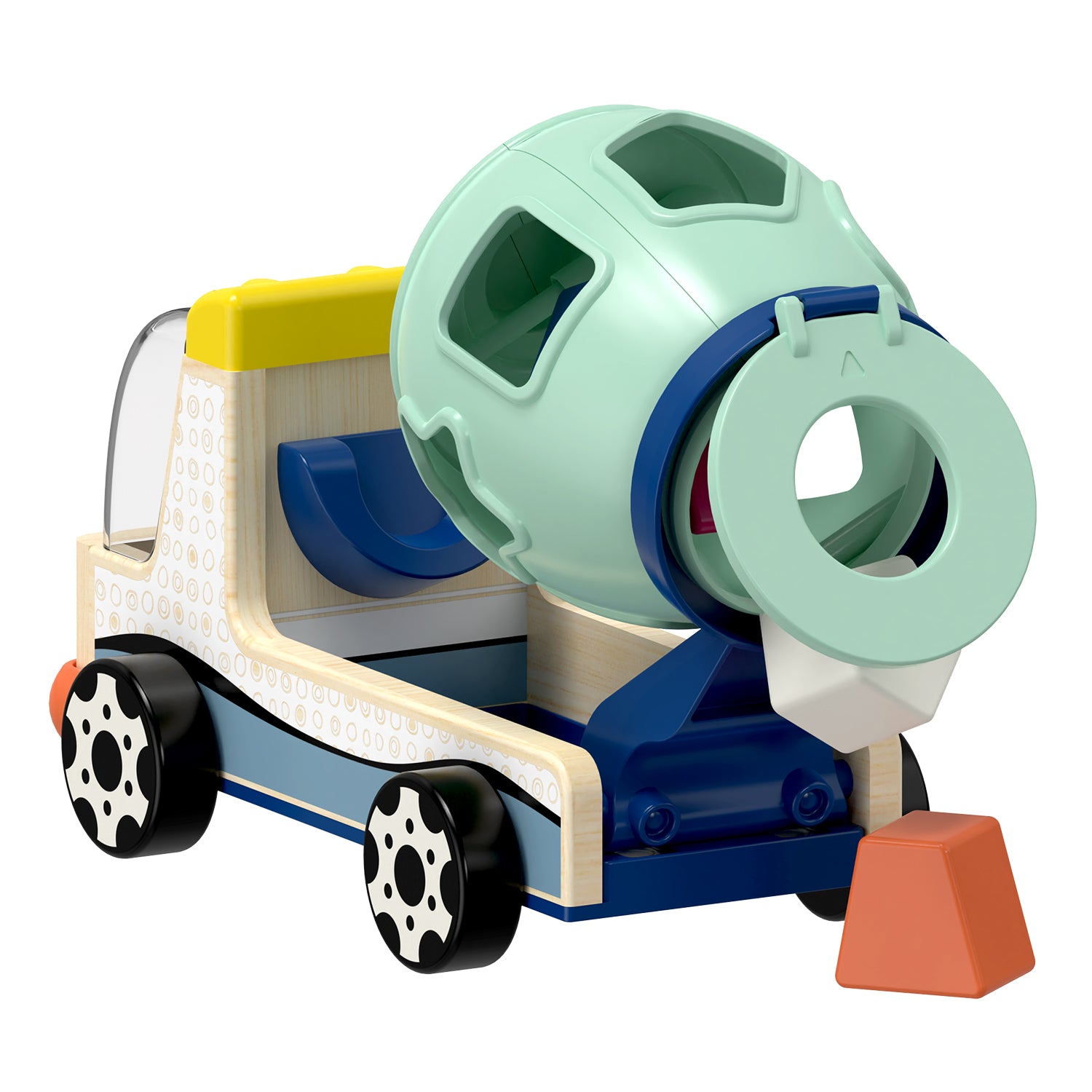 Formen sortieren und spielen: Doppelten Spielspaß bietet das Sortier-Baufahrzeug: Kleinkinder ab 18 Monaten sortieren geschickt die bunten Formen aus Holz in die Trommel des Betonmischers oder spielen mit dem Betonmischer-Lastwagen Baustellengeschichten nach.