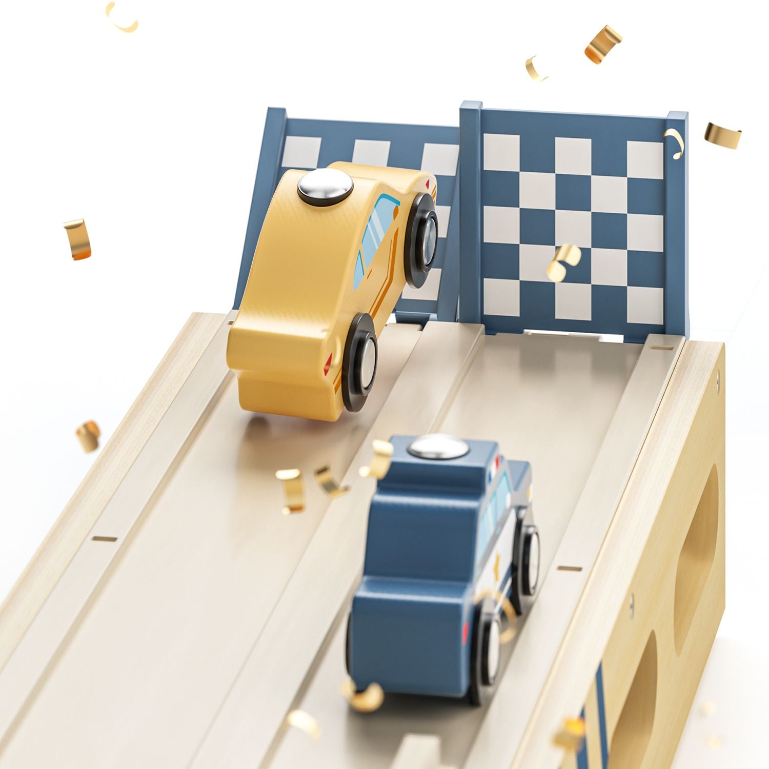 Race auf der extralangen Rennstrecke
Mit wenigen Handgriffen wird aus dem Auto Transporter aus Holz eine 103 Zentimeter lange, zweispurige Rennbahn, die zu rasanten Wettrennen einlädt.