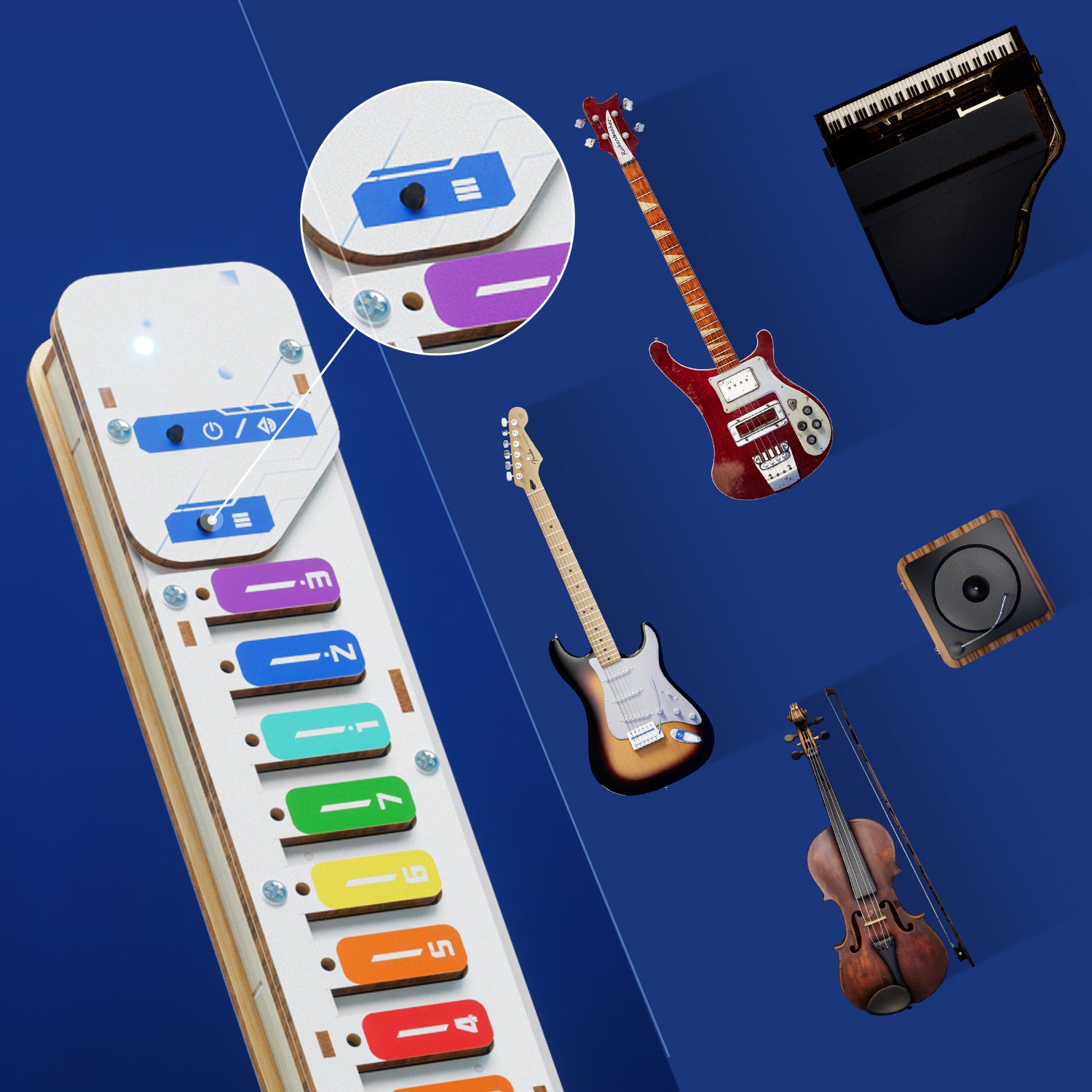 Das Instrument bietet fünf verschiedene Sounds: Gitarre, Bass, Klavier, Violine und Music Box.