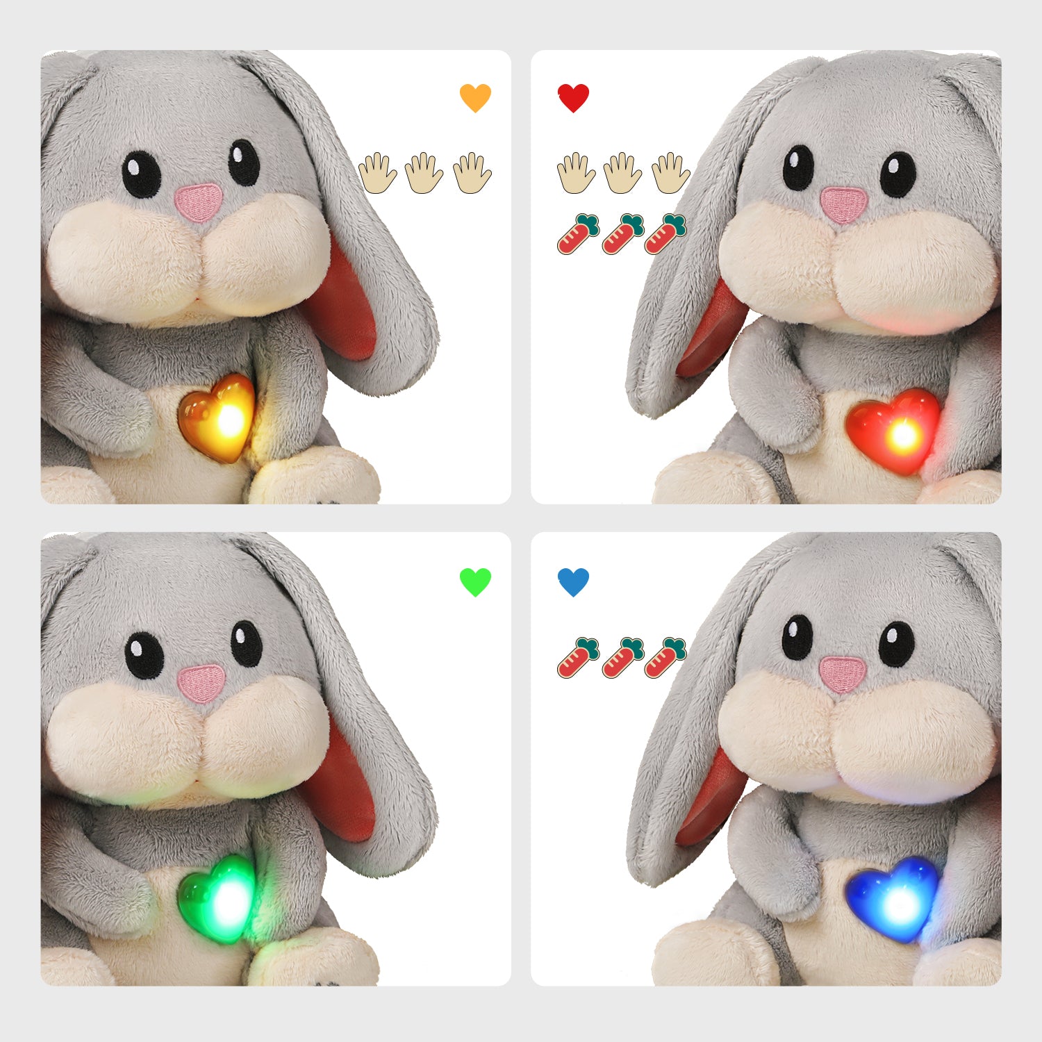 MUMMY BUNNY zeigt ihre Gefühle durch ein leuchtendes Herz in verschiedenen Farben – jede Farbe steht für einen anderen Gemütszustand: ob hungrig, einsam oder wütend.