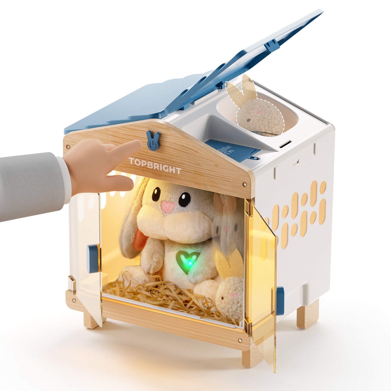 MUMMY BUNNY zeigt ihre Gefühle durch ein leuchtendes Herz in verschiedenen Farben – jede Farbe steht für einen anderen Gemütszustand. Ob hungrig, einsam oder wütend.