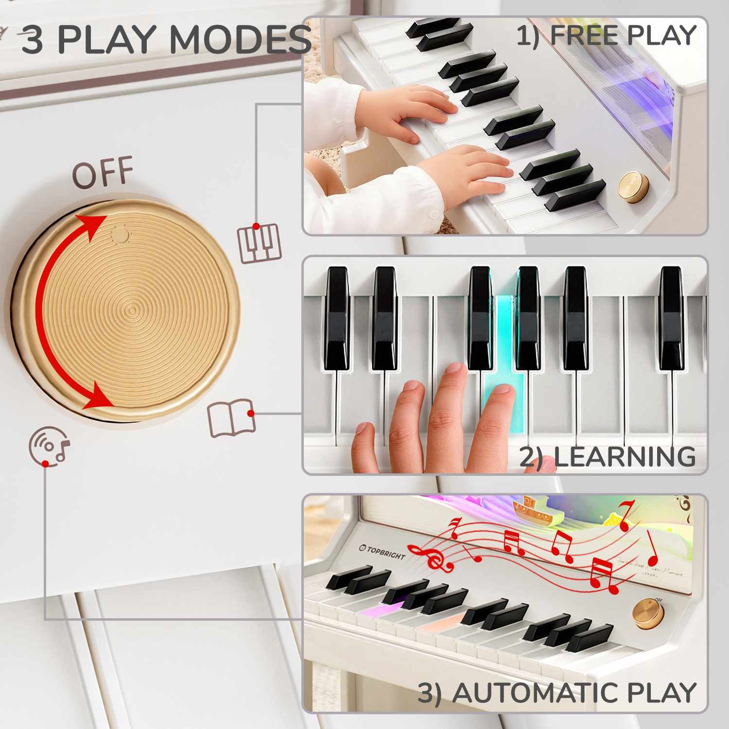 Vielfältige Spielmodi: Das SMART PIANO von TOPBRIGHT bietet drei abwechslungsreiche Spielmodi: freien Spielmodus, Übungsmodus mit Lichtführung und automatischen Musikmodus. So werden erste musikalische Erfahrungen individuell unterstützt.