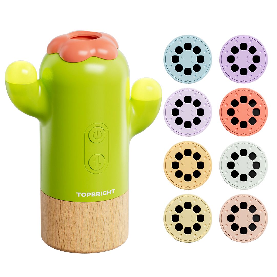 Eight themed worlds to explore:  With the CACTUS PROJECTOR, children aged 36 months and over explore the underwater world, the universe, space travel, dinosaurs, fruit, vegetables, animals and insects. 8 projection discs with a total of 64 images provide plenty of varied moments of discovery.